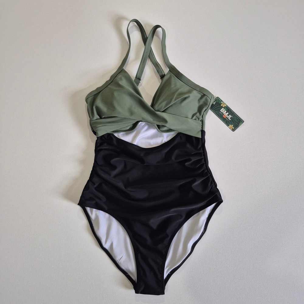 BMJL Womens One Piece Swimsuit Olive Green Black Cutout Ruched Size M NEW